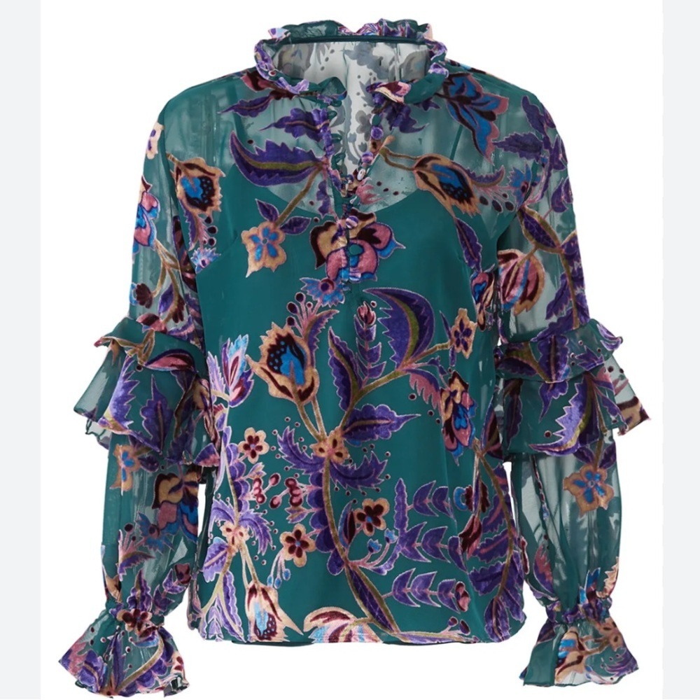 PatBo Burnout Sheer Velvet Blouse Floral Popover Preppy Boho Classy Womens XS